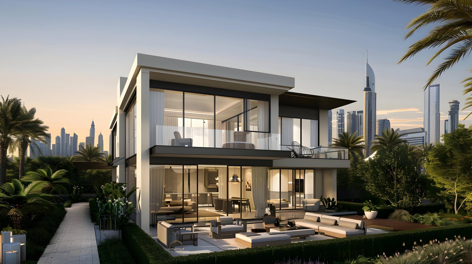 Side view of a modern villa with a palm tree