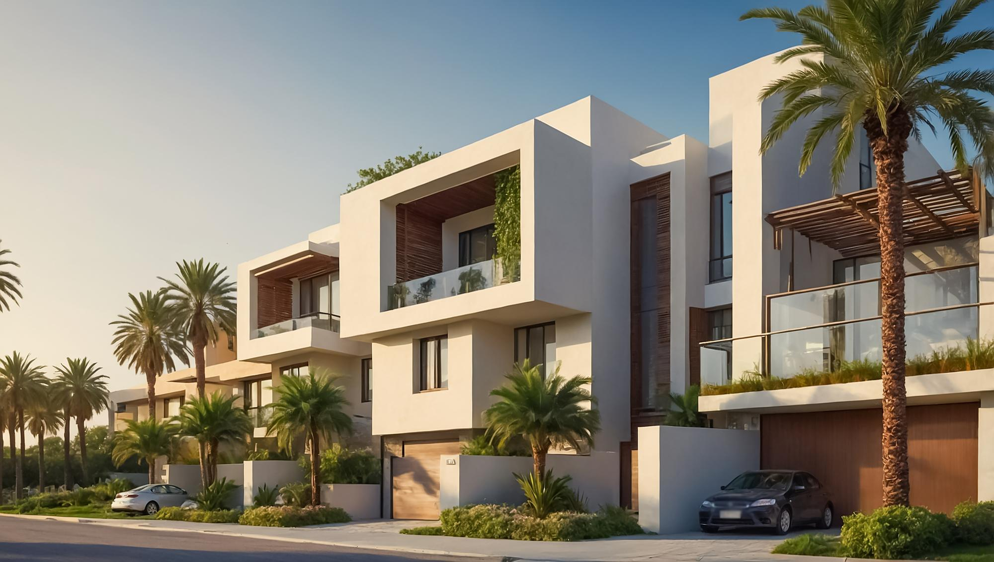 Palmiye ağaçlı modern bir villanın yandan görünüşü