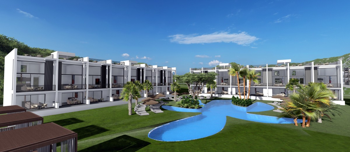 Side view of a modern villa with a palm tree