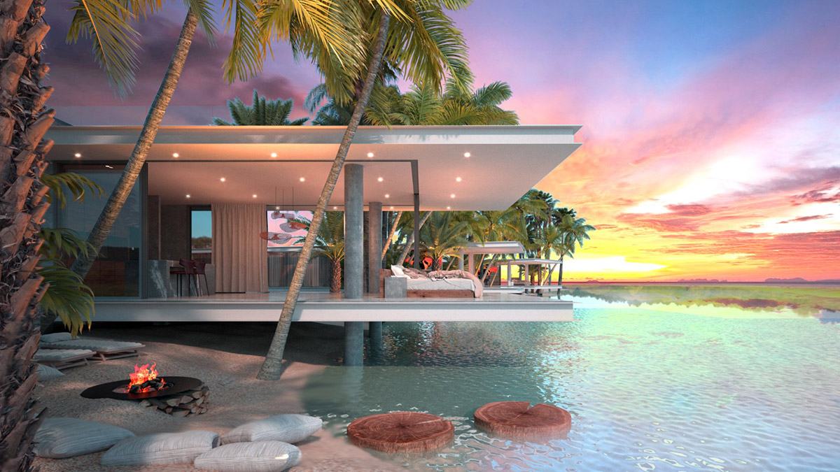 Front view of a modern villa at dusk